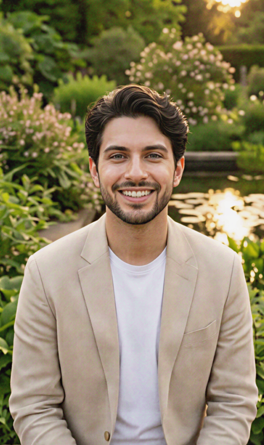 Portrait of meditation teacher Rowan Brooks in a garden at golden hour